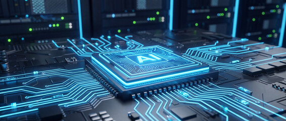 Artificial intelligence processor embedded in motherboard, neon blue data streams, depth of field, cyber technology background, realistic 3D illustration, next generation computing