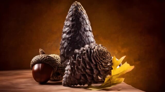 Close up of pine cones and acorns with autumn leaves on a wooden surface