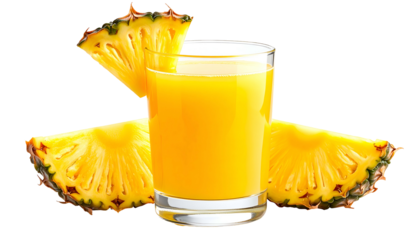Bright yellow pineapple juice in a glass, with fresh slices on a transparent background