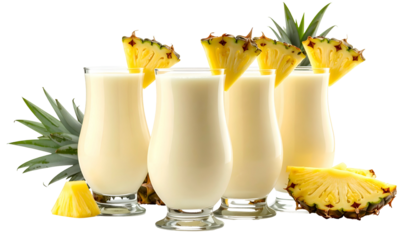 Creamy tropical beverages in tall glasses with pineapple wedges and fresh leaves