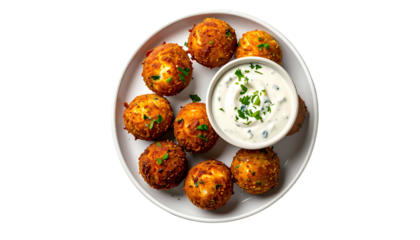 Overhead view of golden fried food balls with creamy dip on a white plate
