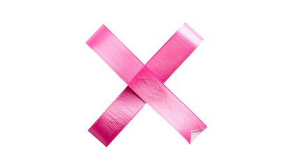Bright pink, textured tape forms an "X" against black background, with peeled edge