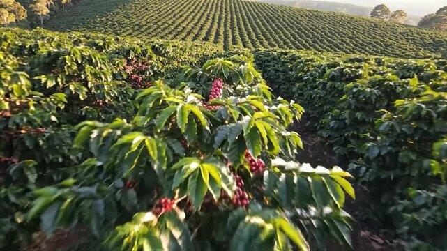 A coffee plantation on a hillside, rows of plants and berries, sunlight