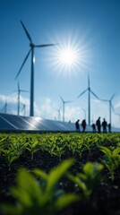 Renewable energy and sustainability concept with solar panels and wind turbines