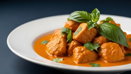 orange curry chicken with fresh green herbs garnish