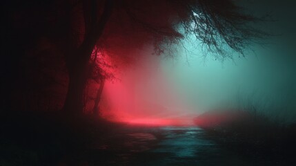 A forest path is covered in fog during the night. Red and blue lights shine through the trees creating an eerie atmosphere in the woods as shadows loom.