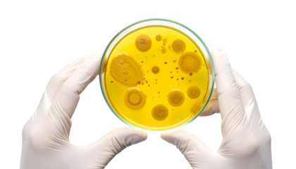 Gloved hands hold a petri dish filled with yellow agar and cultured colonies