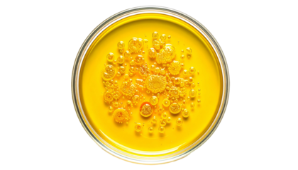 Overhead view of a Petri dish filled with yellow liquid containing a cluster of bubbles