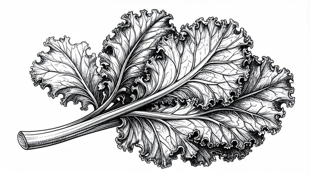 Detailed botanical illustration of Swiss chard leaves in monochrome.