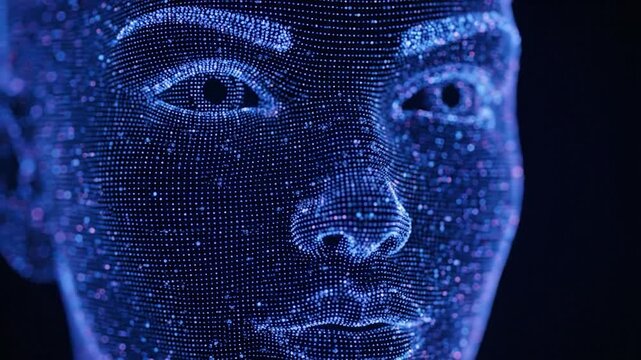 A detailed digital rendering of a human face composed of countless blue and purple dots