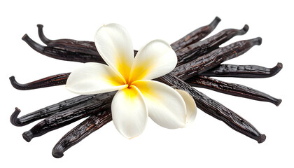 Close-up of vanilla pods with a vibrant flower, isolated against a dark backdrop