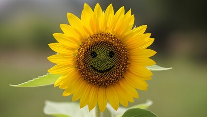 Fototapeta premium A close-up of a bright sunflower with bright yellow petals. The seeds form a smiley face pattern in the center, giving it a cheerful and unique look. The soft green blurred background highlights the 