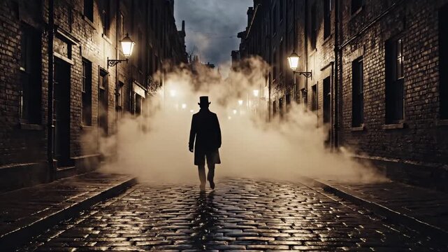 Mysterious man in a top hat walking through a foggy, gas-lit cobblestone street at night for a suspense and thriller concept and gothic atmosphere