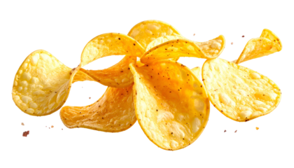 Close-up of seasoned potato chips scattered on black, showing textured surfaces