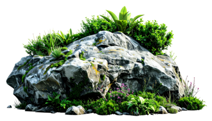 Isolated jagged rock formation with lush greenery, plants, moss, and small flowers growing on it