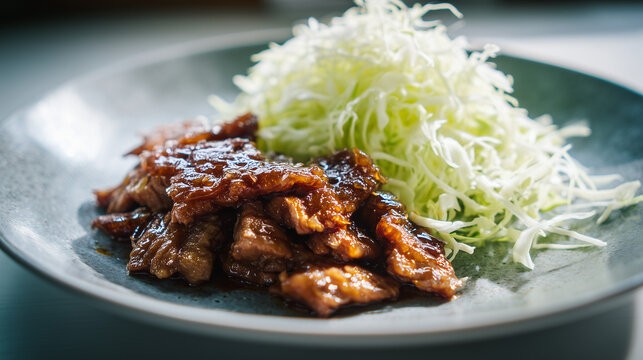 甘辛いタレの光沢が食欲をそそる豚の生姜焼きにたっぷりのキャベツの千切りを添えた和食の定番料理