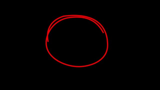  Hand drawing, round selection marker animation on black background. Red circle marker drawing effect for overlay, hand-drawn highlighter scribble, grunge marker pen concept.
