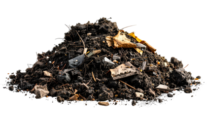 A dark mound of earth and scattered debris against a stark black backdrop