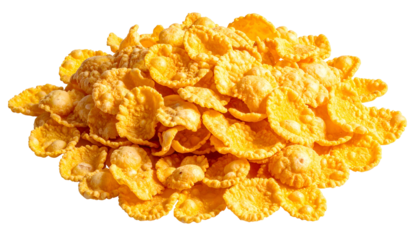 A pile of golden, crispy, flake-shaped breakfast cereal against a transparent background