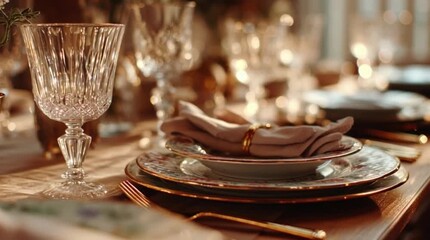 Elegant holiday dinner setting with sparkling crystal glasses and ornate porcelain plates prepared for a festive occasion