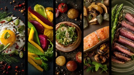 This image showcases a variety of gourmet dishes, highlighting vibrant colors and diverse textures. From sizzling steaks to fresh salads and colorful vegetables, each section captures the essence of c