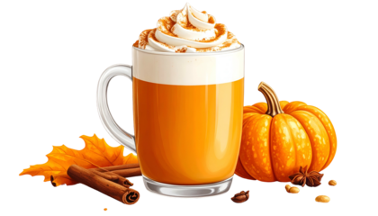 Vibrant autumn illustration of pumpkin spice latte, gourd, leaves and cinnamon