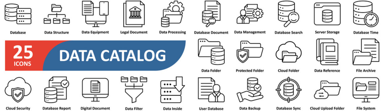 Data Catalog outine icons set. Contain icons related to database, table, column, row, record, entry, asset, source, lineage, governance 