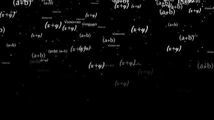 Mathematical formulas particle failing with dust animation on black background. maths formula text camera zooming animation. Maths calculations functions equations concept. - Powered by Adobe