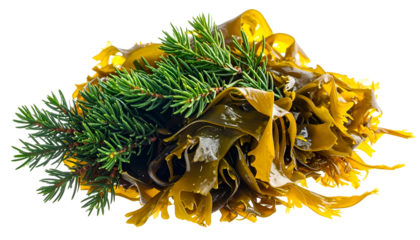 Green foliage and golden seaweed arranged in a vibrant, close-up composition