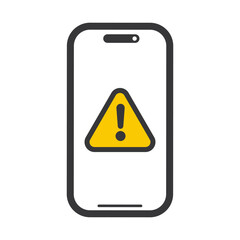 Isolated illustration of smartphone with yellow warning triangle and exclamation mark, symbol for alert, error, or mobile security issue.