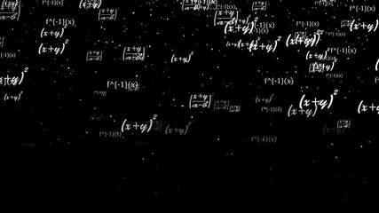 Mathematical formulas particle failing with dust animation on black background. maths formula text camera zooming animation. Maths calculations functions equations concept. - Powered by Adobe