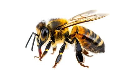 A close-up of a honey bee, wings extended, isolated against a black background