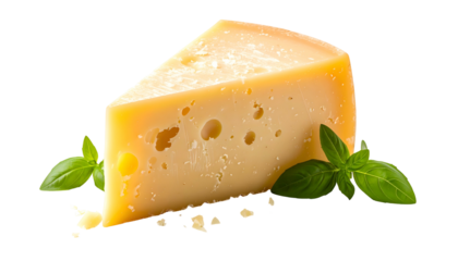 Triangle wedge of hard, light-yellow cheese with basil leaves on black