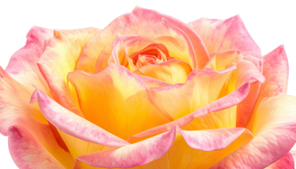 Close-up of a vibrant rose bloom, showcasing yellow petals with pink edges