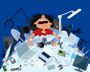 Person overwhelmed by a mountain of obsolete technological devices and office equipment. Electronic waste