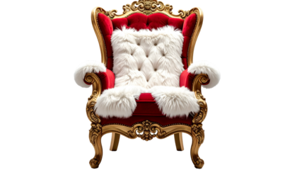 Ornate red and gold armchair with white fur trim and cushion on a transparent background