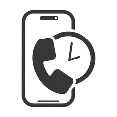 Isolated pictogram phone icon with call and clock symbols representing long duration telephone conversation, waiting time, customer service communication concept illustration.