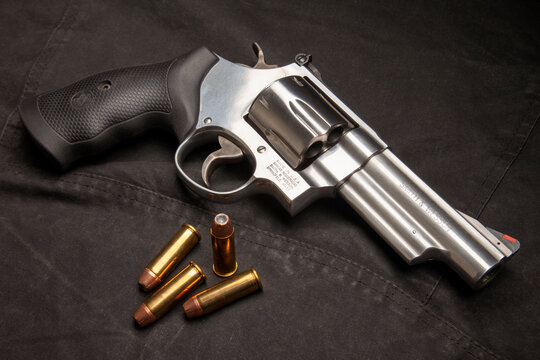 Smith & Wesson 629. .44 magnum revolver with custom rubber Hogue grips. 240 grain Hornady XTP hollow point ammunition.