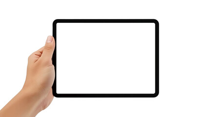 A hand holding a blank tablet on transparent background for digital design concept