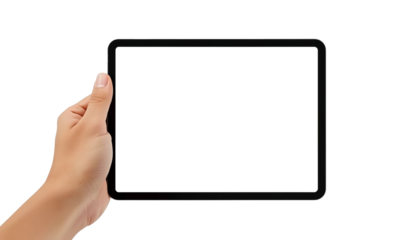 A hand holding a blank tablet on transparent background for digital design concept