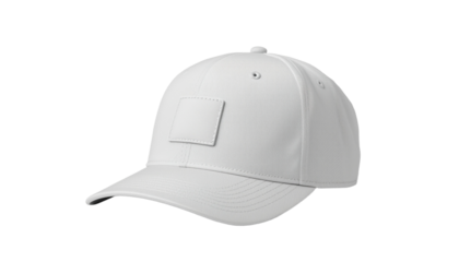 A white baseball cap with a square patch on a transparent background