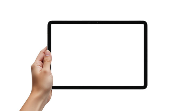 A hand holding a blank tablet screen on transparent background