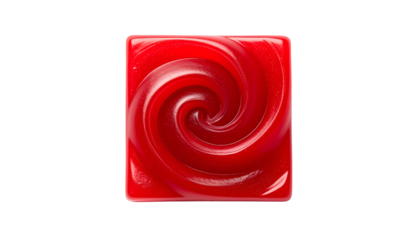 Close-up of a square-shaped, glossy, ruby-red swirl against a stark black background