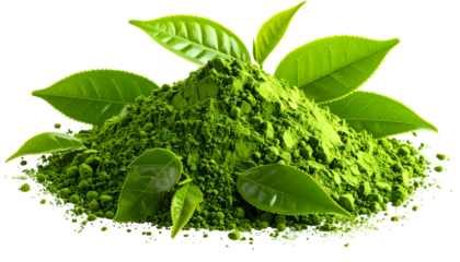 Vibrant, close-up of a pile of finely ground green powder with fresh green leaves