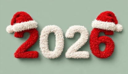 Festive Red and White Santa Hat Decorated Year 2026 Numbers on Green Background