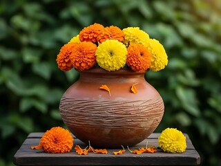 Vibrant orange and yellow marigold flowers in a rustic clay pot on a wooden table outdoors