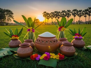 Traditional indian clay pots with flowers on green grass at sunset