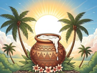 A clay pot filled with white liquid under sunny palm trees
