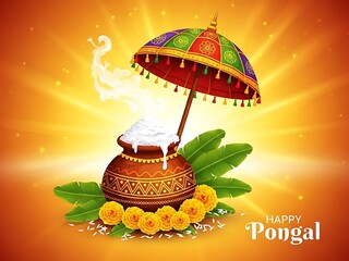 Happy pongal festival with decorated pot and umbrella isolated on orange background