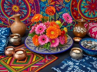 Vibrant flowers and decorative items on colorful textiles and table